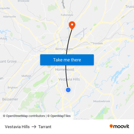 Vestavia Hills to Tarrant map