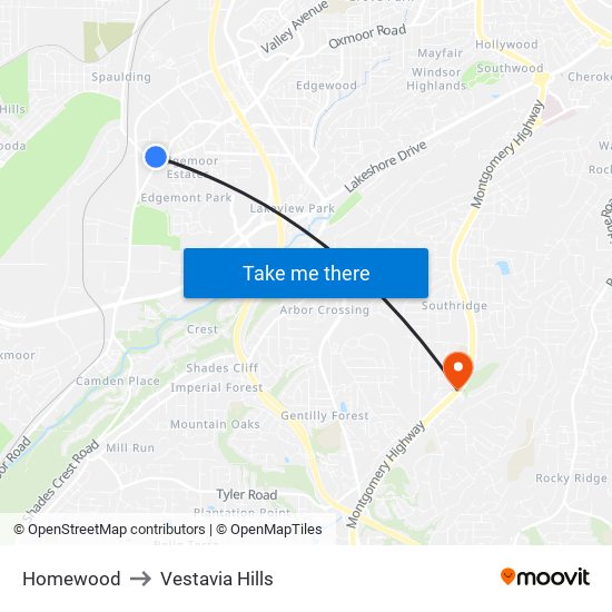 Homewood to Vestavia Hills map