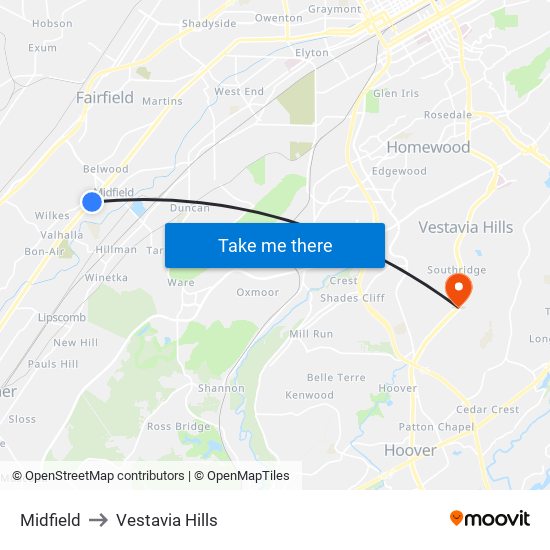 Midfield to Vestavia Hills map