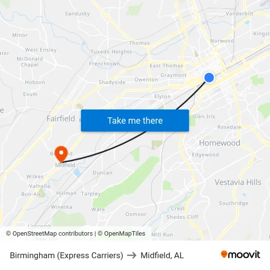 Birmingham (Express Carriers) to Midfield, AL map