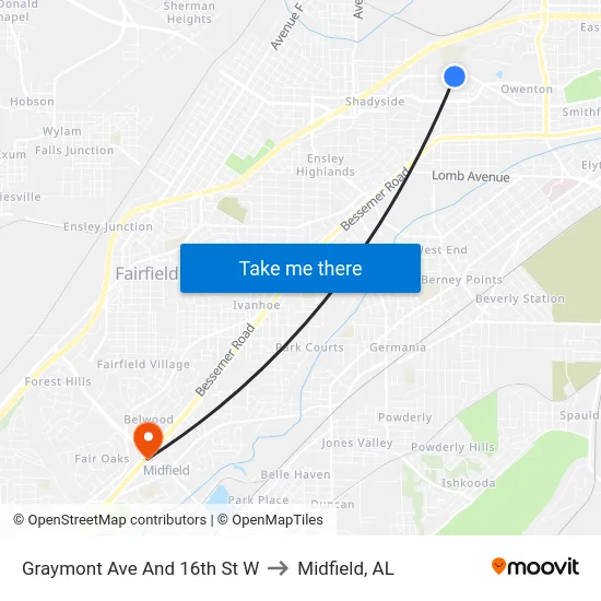 Graymont Ave And 16th St W to Midfield, AL map
