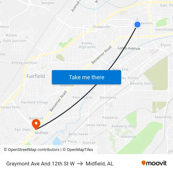 Graymont Ave And 12th St W to Midfield, AL map