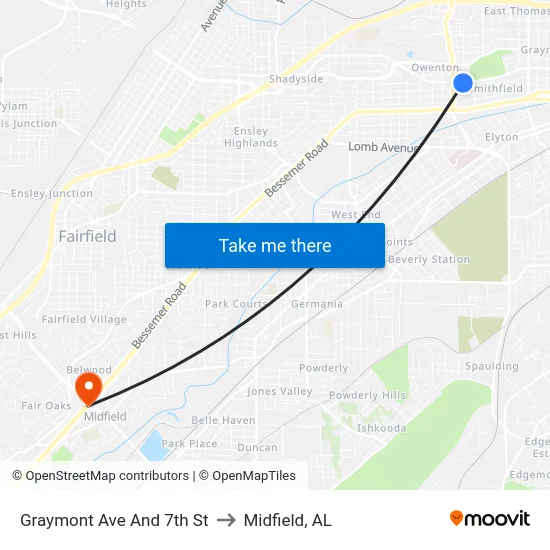 Graymont Ave And 7th St to Midfield, AL map
