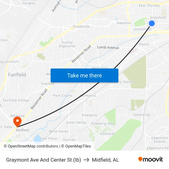 Graymont Ave And Center St (Ib) to Midfield, AL map