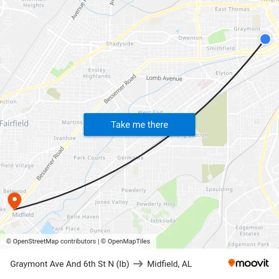Graymont Ave And 6th St N (Ib) to Midfield, AL map