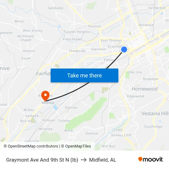Graymont Ave And 9th St N (Ib) to Midfield, AL map