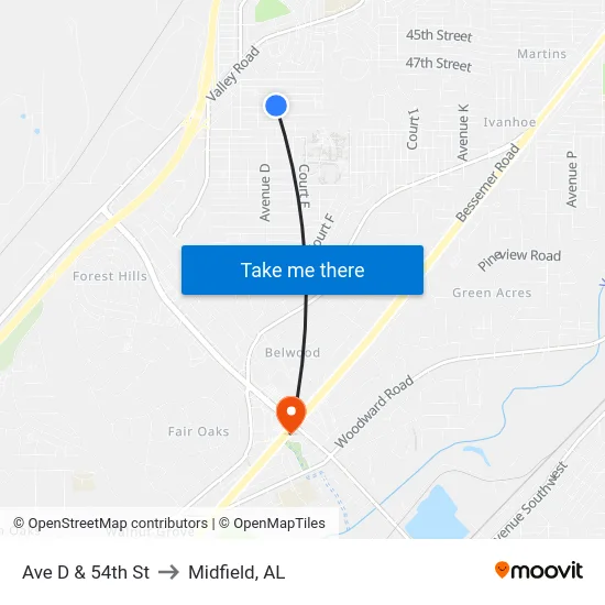 Ave D & 54th St to Midfield, AL map