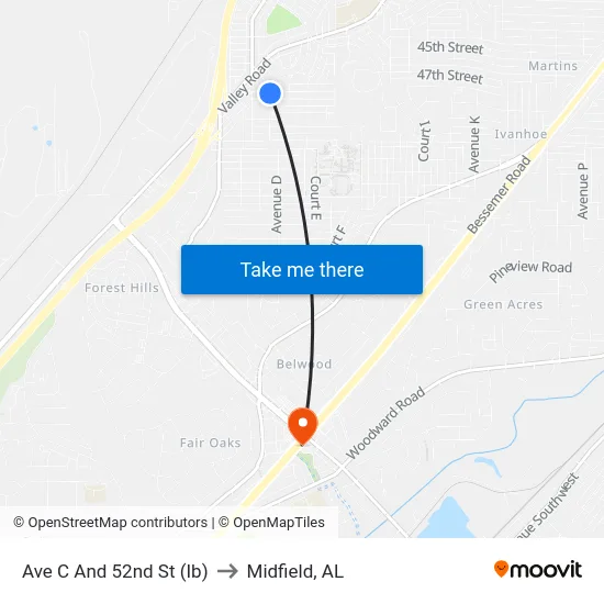 Ave C And 52nd St (Ib) to Midfield, AL map