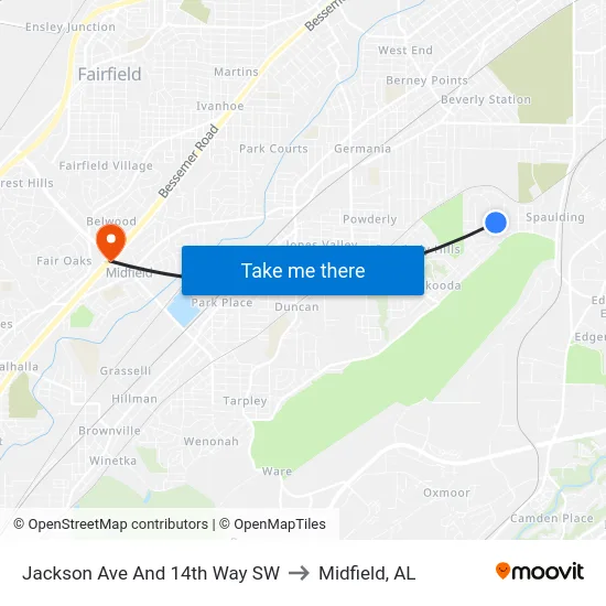 Jackson Ave And 14th Way SW to Midfield, AL map