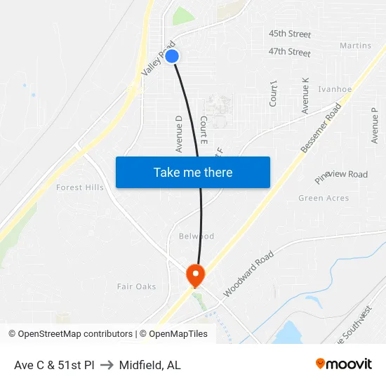 Ave C & 51st Pl to Midfield, AL map