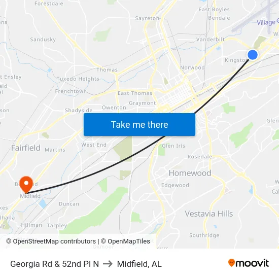 Georgia Rd & 52nd Pl N to Midfield, AL map