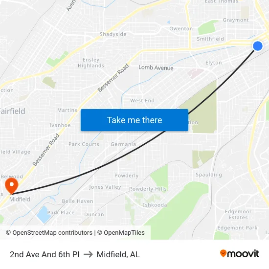 2nd Ave And 6th Pl to Midfield, AL map