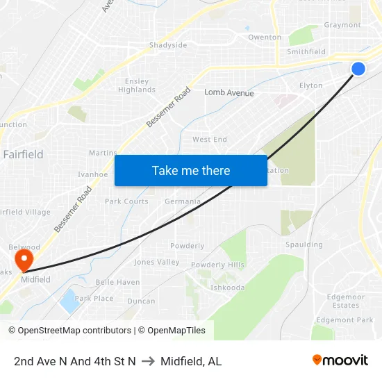 2nd Ave N And 4th St N to Midfield, AL map