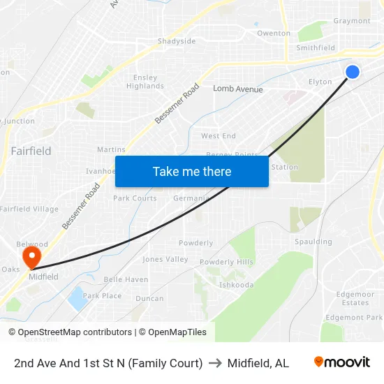 2nd Ave And 1st St N (Family Court) to Midfield, AL map
