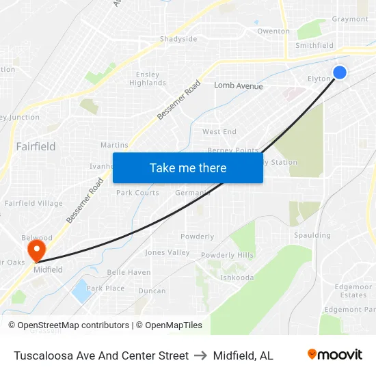 Tuscaloosa Ave And Center Street to Midfield, AL map