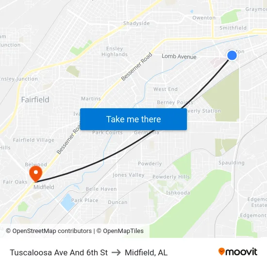 Tuscaloosa Ave And 6th St to Midfield, AL map