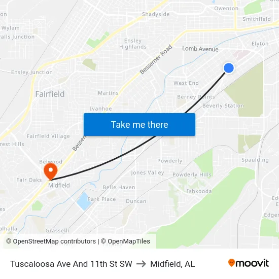 Tuscaloosa Ave And 11th St SW to Midfield, AL map