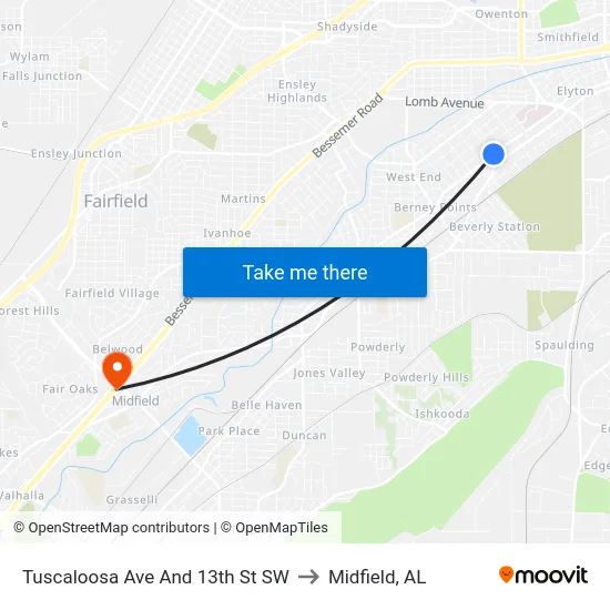 Tuscaloosa Ave And 13th St SW to Midfield, AL map
