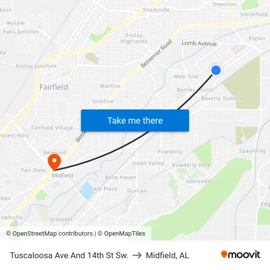 Tuscaloosa Ave And 14th St Sw. to Midfield, AL map