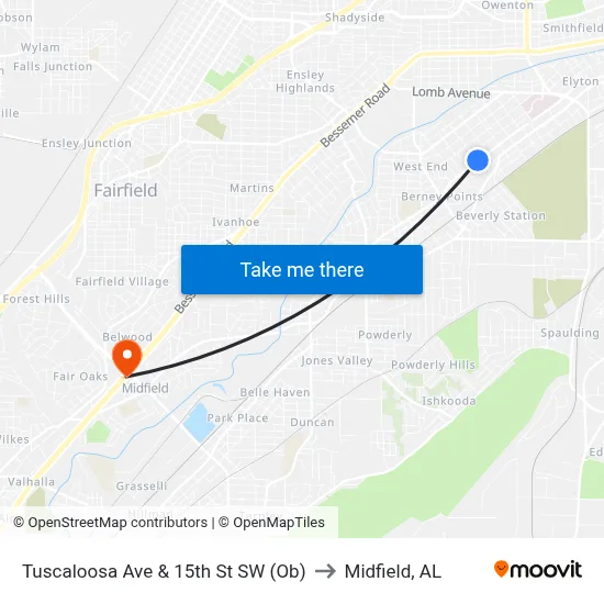 Tuscaloosa Ave & 15th St SW (Ob) to Midfield, AL map