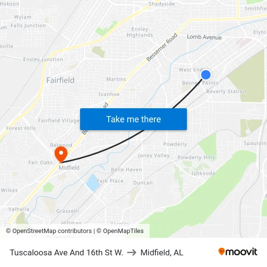 Tuscaloosa Ave And 16th St W. to Midfield, AL map