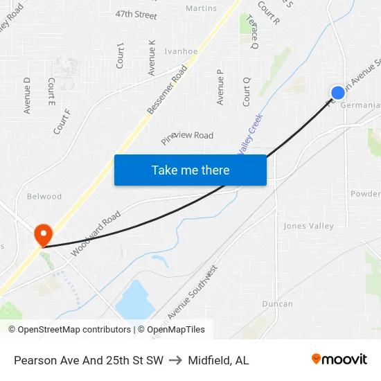 Pearson Ave And 25th St SW to Midfield, AL map