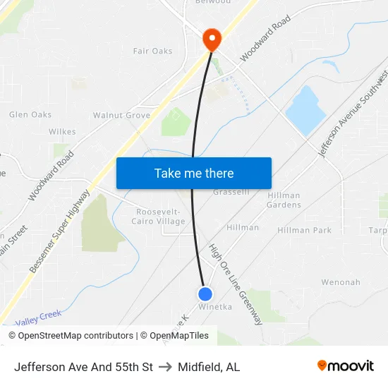 Jefferson Ave And 55th St to Midfield, AL map