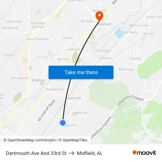 Dartmouth Ave And 33rd St to Midfield, AL map