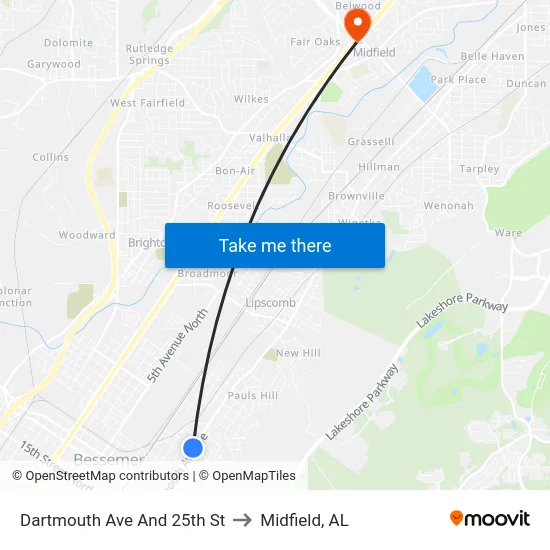 Dartmouth Ave And 25th St to Midfield, AL map