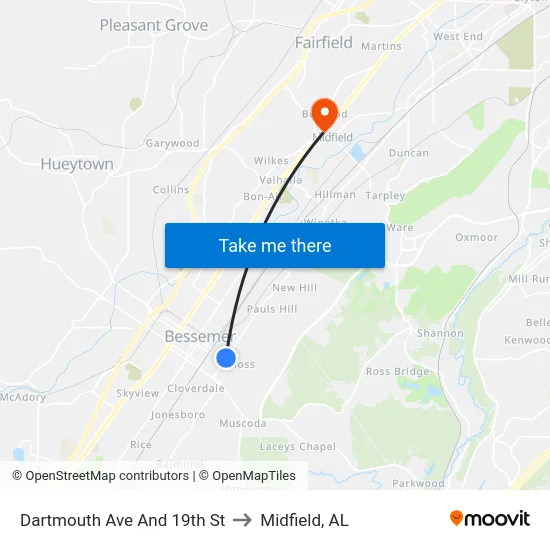 Dartmouth Ave And 19th St to Midfield, AL map