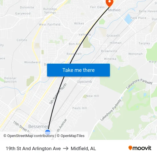 19th St And Arlington Ave to Midfield, AL map