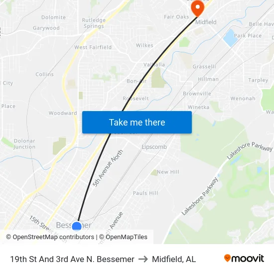 19th St And 3rd Ave N. Bessemer to Midfield, AL map