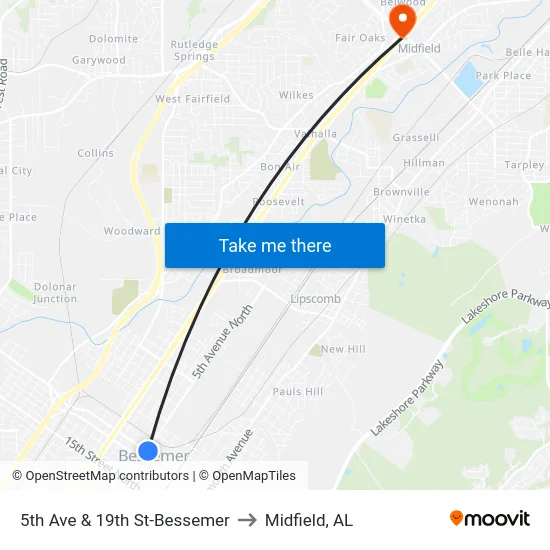 5th Ave & 19th St-Bessemer to Midfield, AL map