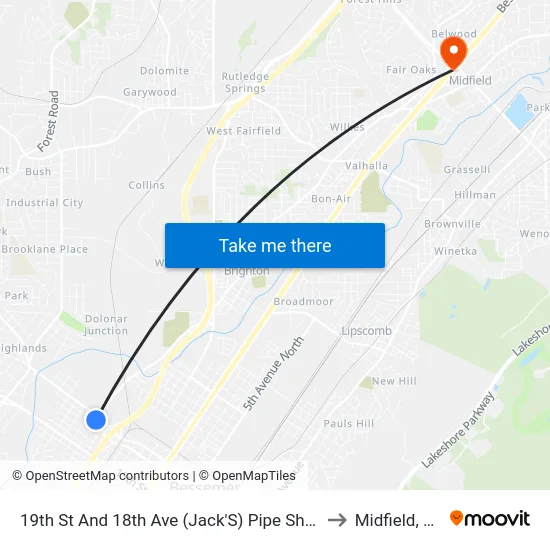19th St And 18th Ave (Jack'S) Pipe Shop to Midfield, AL map