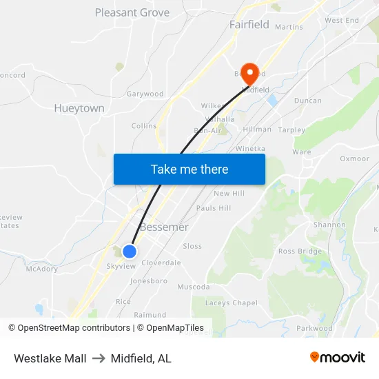 Westlake Mall to Midfield, AL map