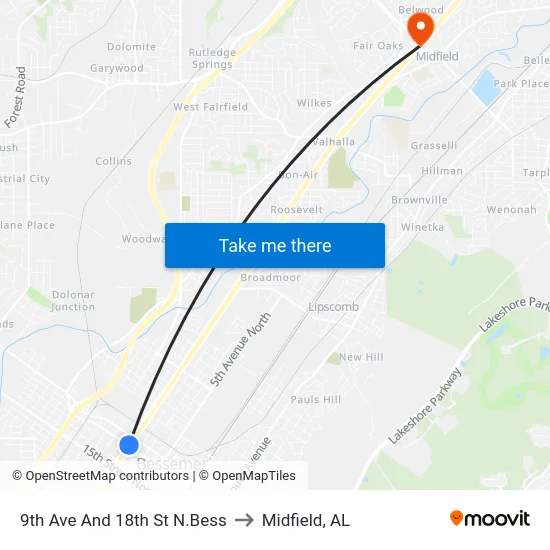 9th Ave And 18th St N.Bess to Midfield, AL map