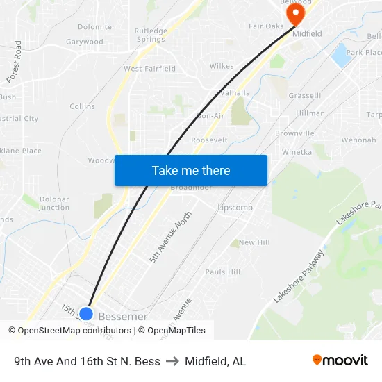 9th Ave And 16th St N. Bess to Midfield, AL map