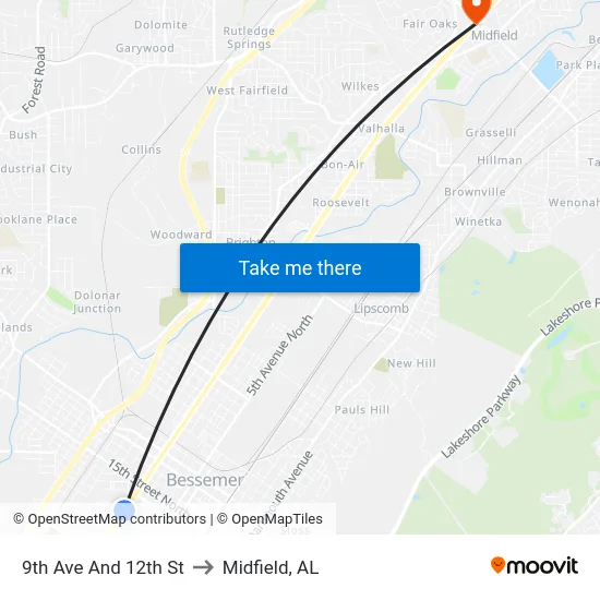 9th Ave And 12th St to Midfield, AL map