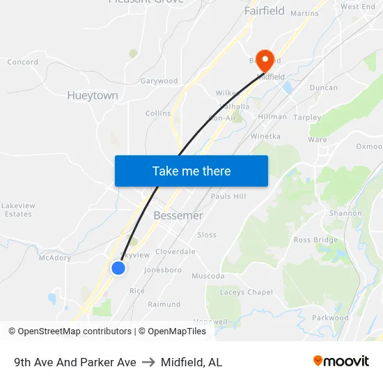 9th Ave And Parker Ave to Midfield, AL map