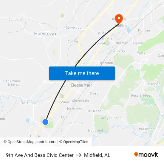 9th Ave And Bess Civic Center to Midfield, AL map