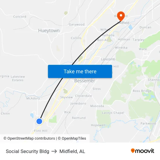 Social Security Bldg to Midfield, AL map
