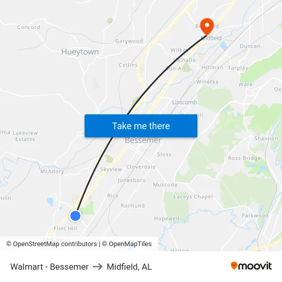 Walmart - Bessemer to Midfield, AL map