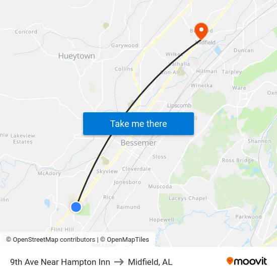 9th Ave Near Hampton Inn to Midfield, AL map