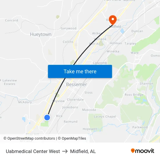 Uabmedical Center West to Midfield, AL map