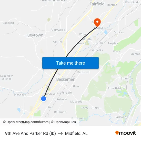 9th Ave And Parker Rd (Ib) to Midfield, AL map