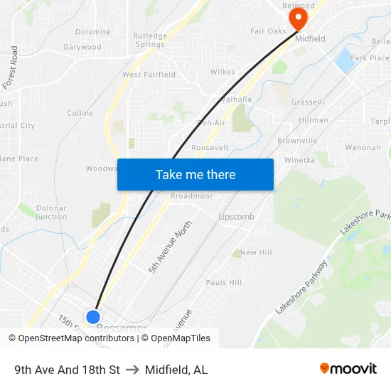 9th Ave And 18th St to Midfield, AL map