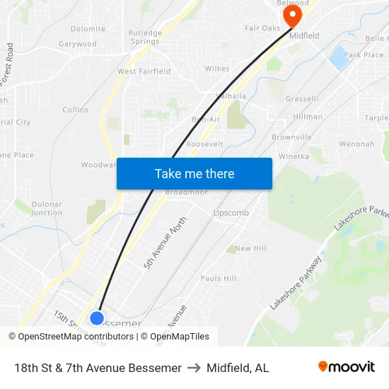 18th St & 7th Avenue Bessemer to Midfield, AL map