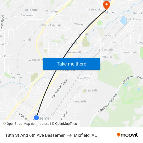 18th St And 6th Ave Bessemer to Midfield, AL map