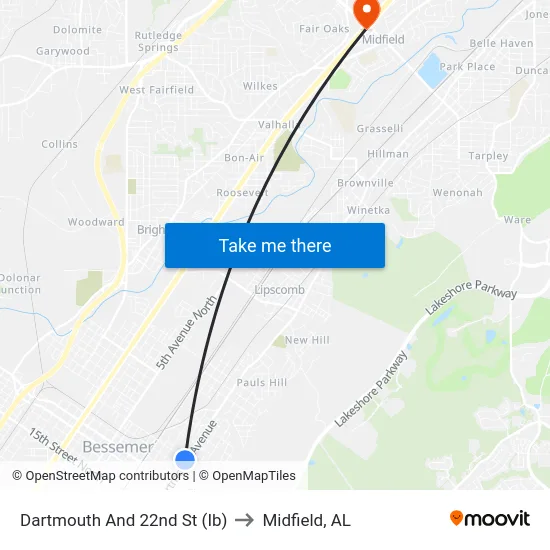 Dartmouth And 22nd St (Ib) to Midfield, AL map