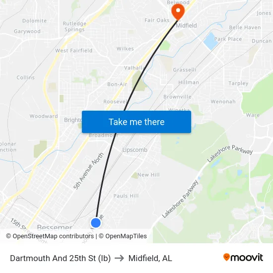 Dartmouth And 25th St (Ib) to Midfield, AL map